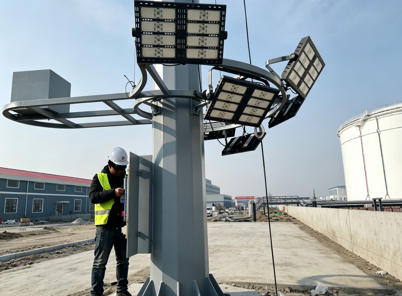 On‑site commissioning for telescopic lowering high‑mast lighting pole at industrial plant