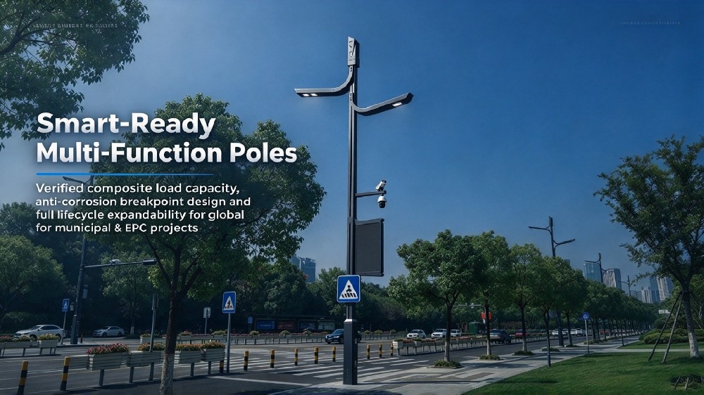 Smart-ready multi-function pole with street lighting, CCTV cameras and equipment mounting on an urban road