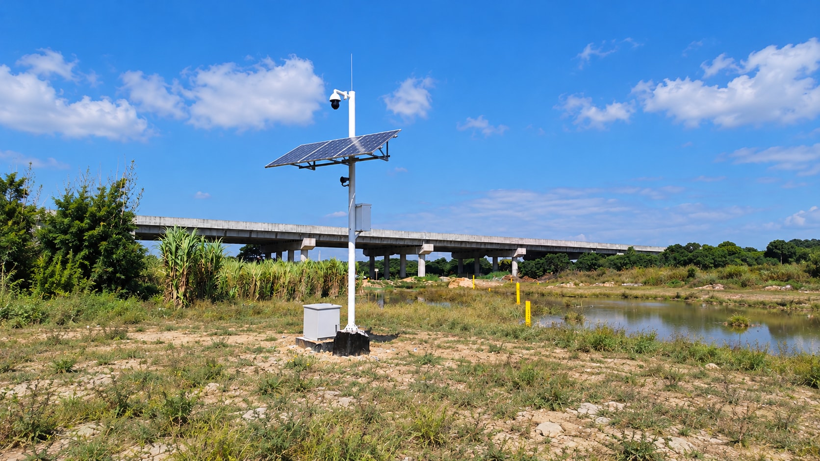 Surveillance pole with solar panel near highway