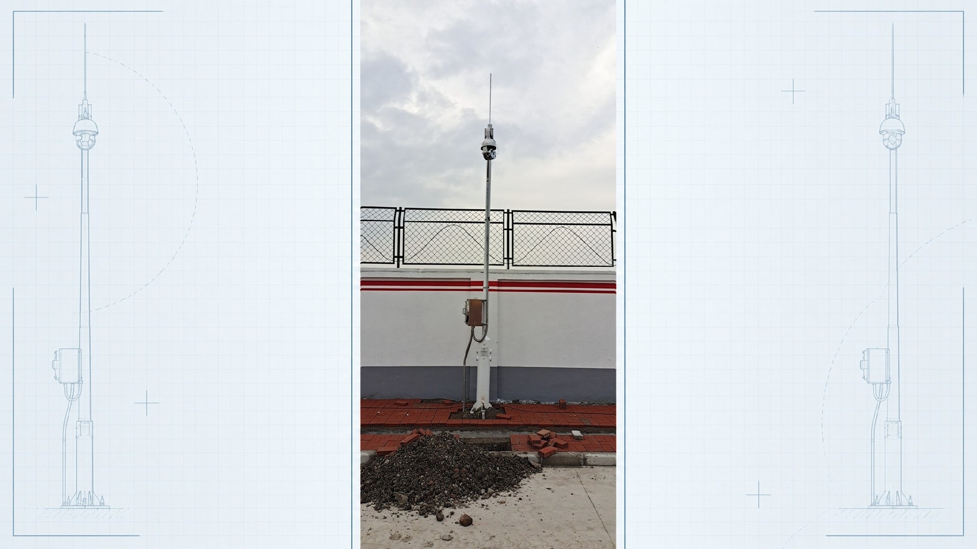 Base-Hinged Surveillance Pole Installed at Industrial Site - Full Height View