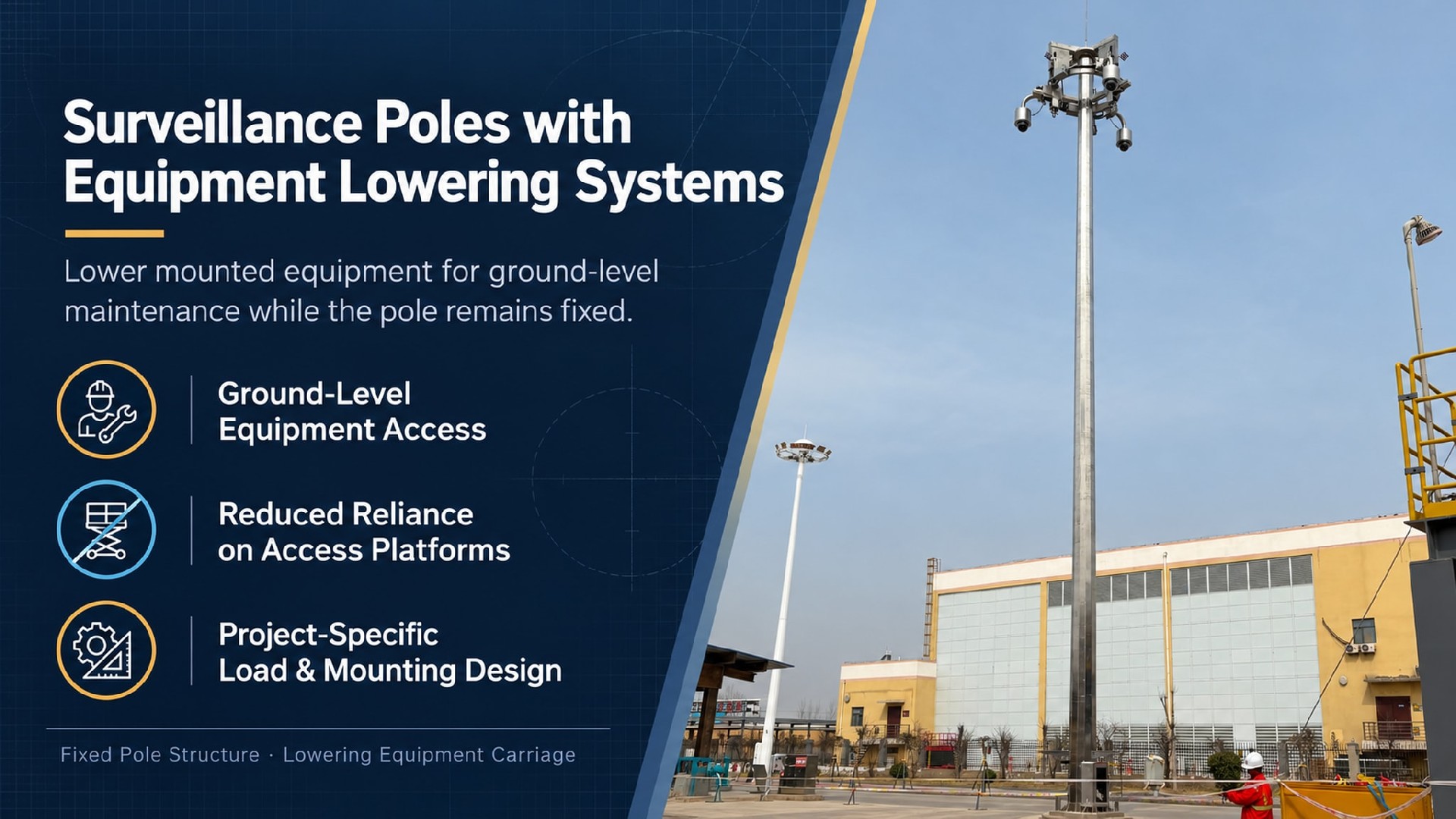 Surveillance pole with equipment lowering system for ground-level maintenance