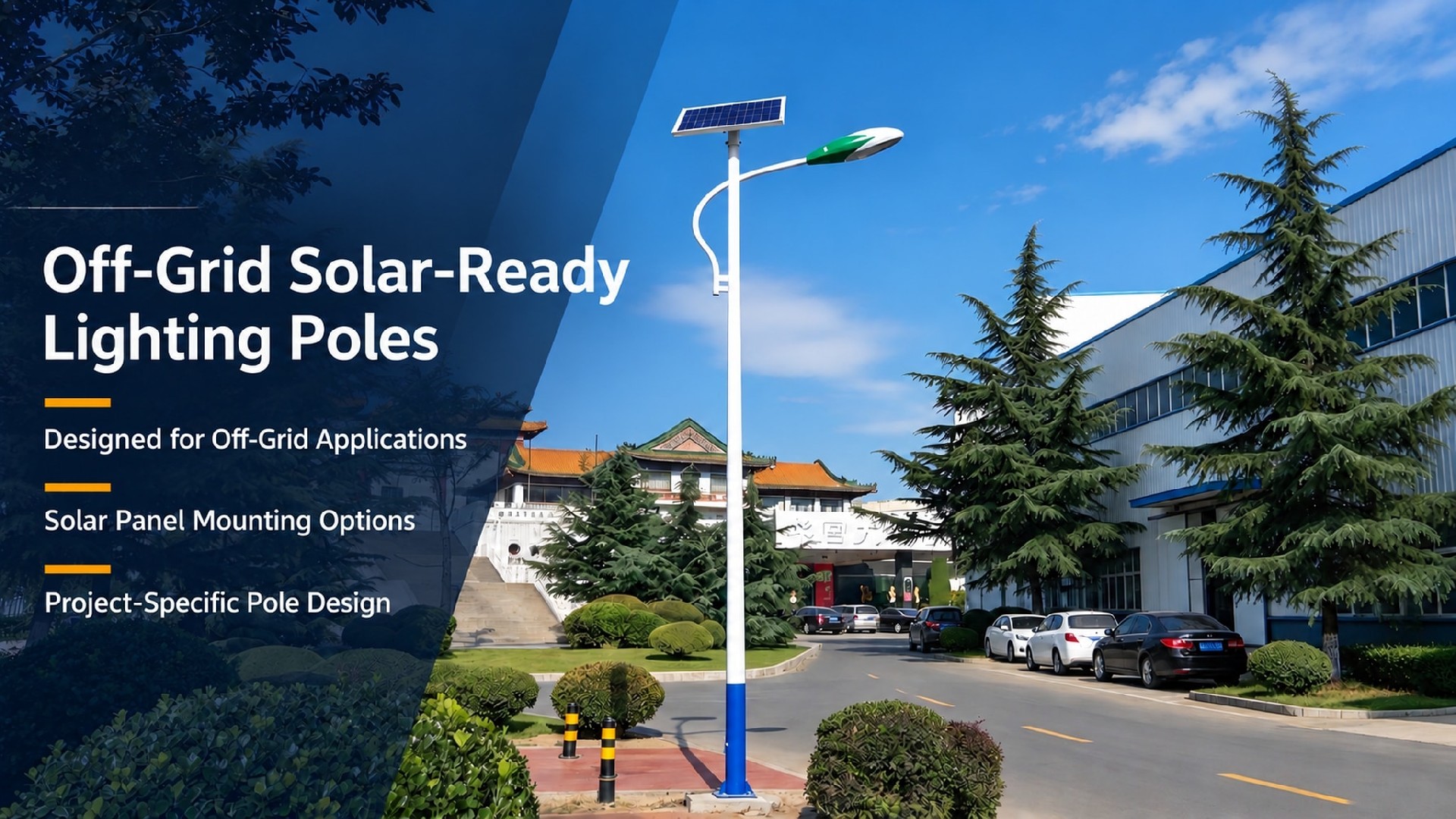 Solar-ready lighting pole with solar panel and street light near a building